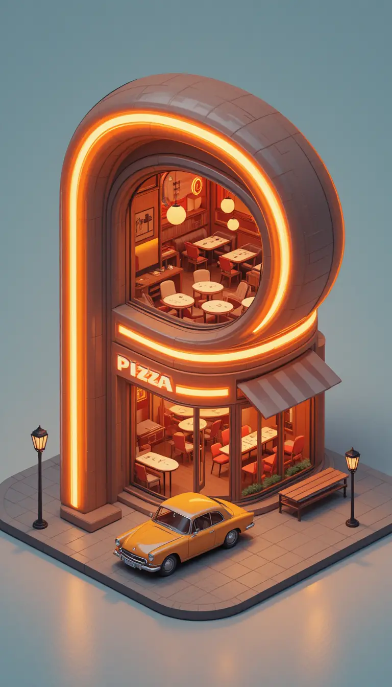 Isometric neon pizza restaurant with vintage yellow car