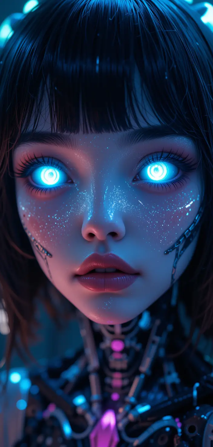 Bioluminescent cyborg woman portrait with glowing eyes