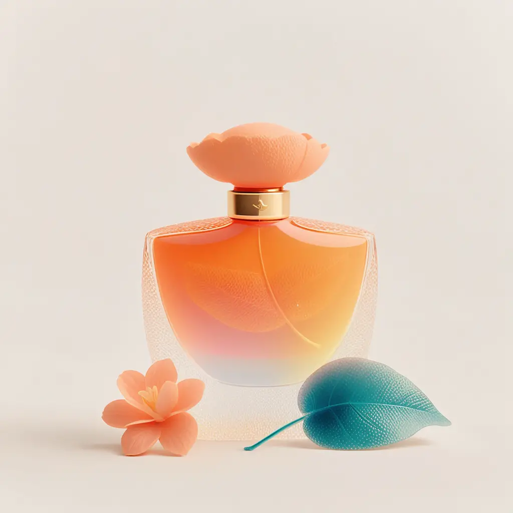 Luxury perfume bottle on tropical leaf with flowers