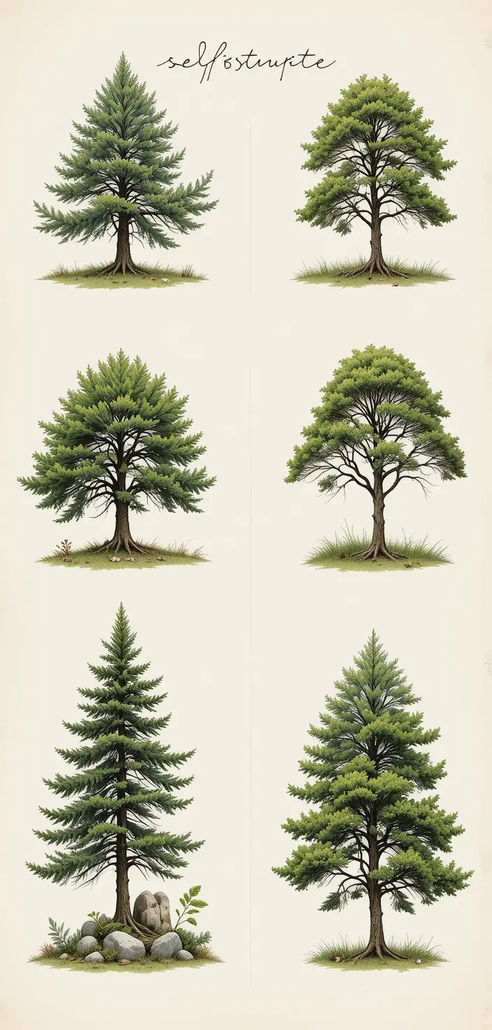Illustrated collection of diverse trees on neutral background