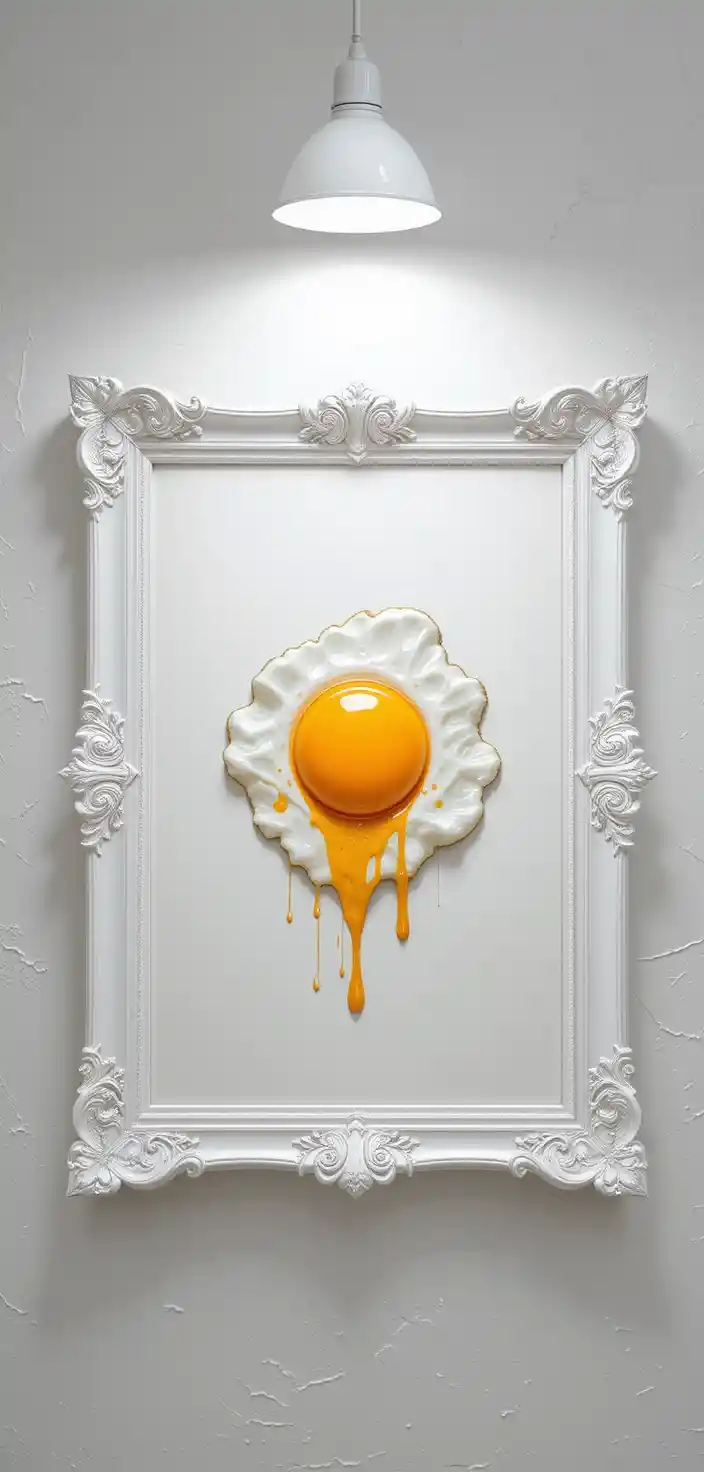 Fried egg painting in ornate white frame under lamp light