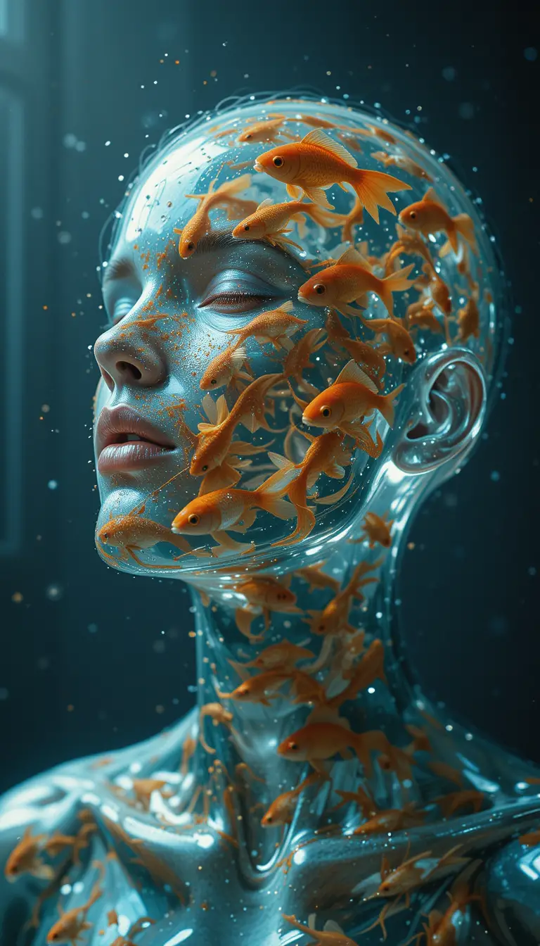 Surreal glass woman filled with floating goldfish