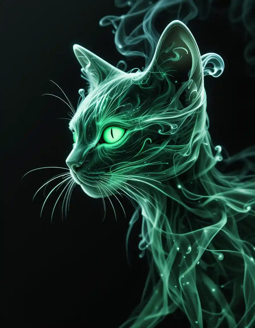 Neon smoke outline of a green eyed fantasy cat