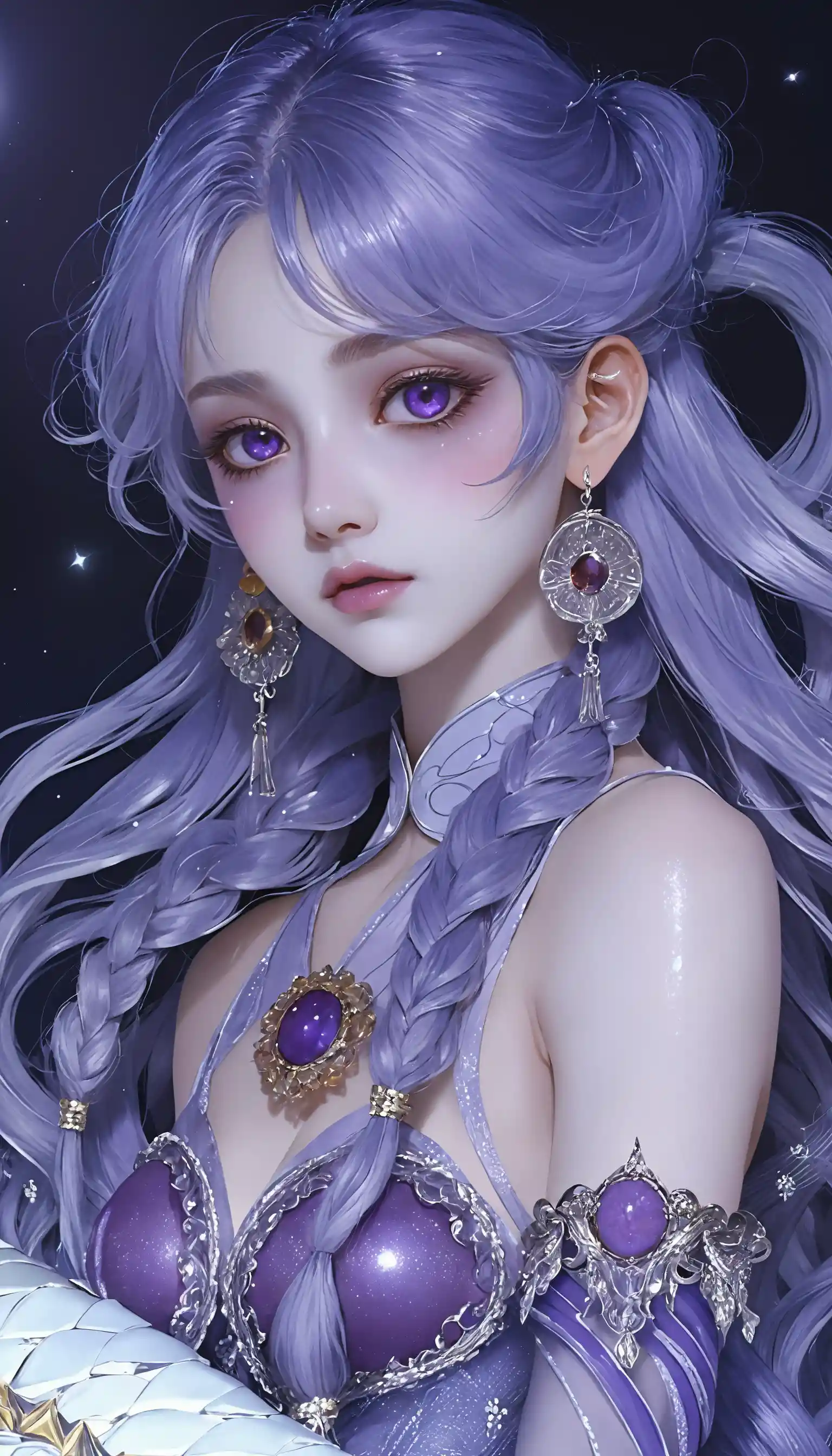 Mystical anime woman with white hair and violet eyes