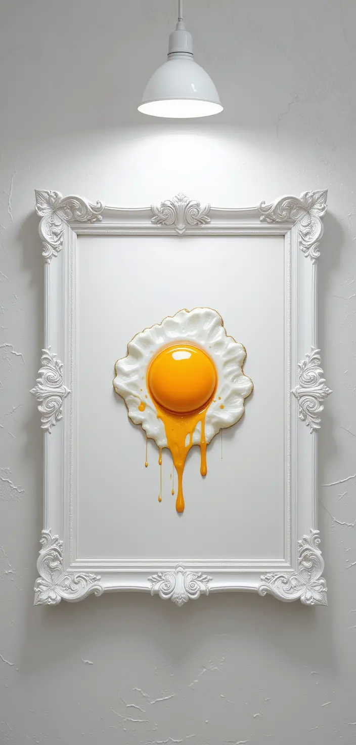 Fried egg painting in ornate white frame under lamp light