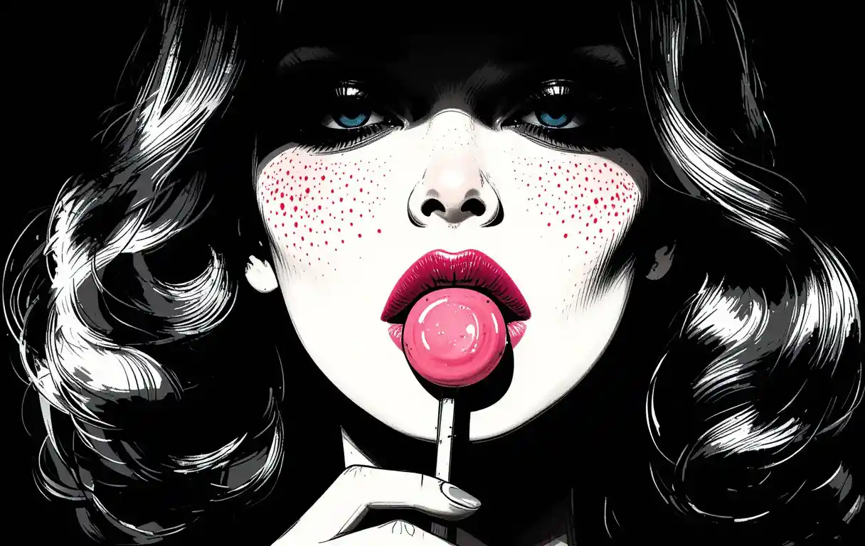 Freckled girl licking lollipop in colorful digital portrait