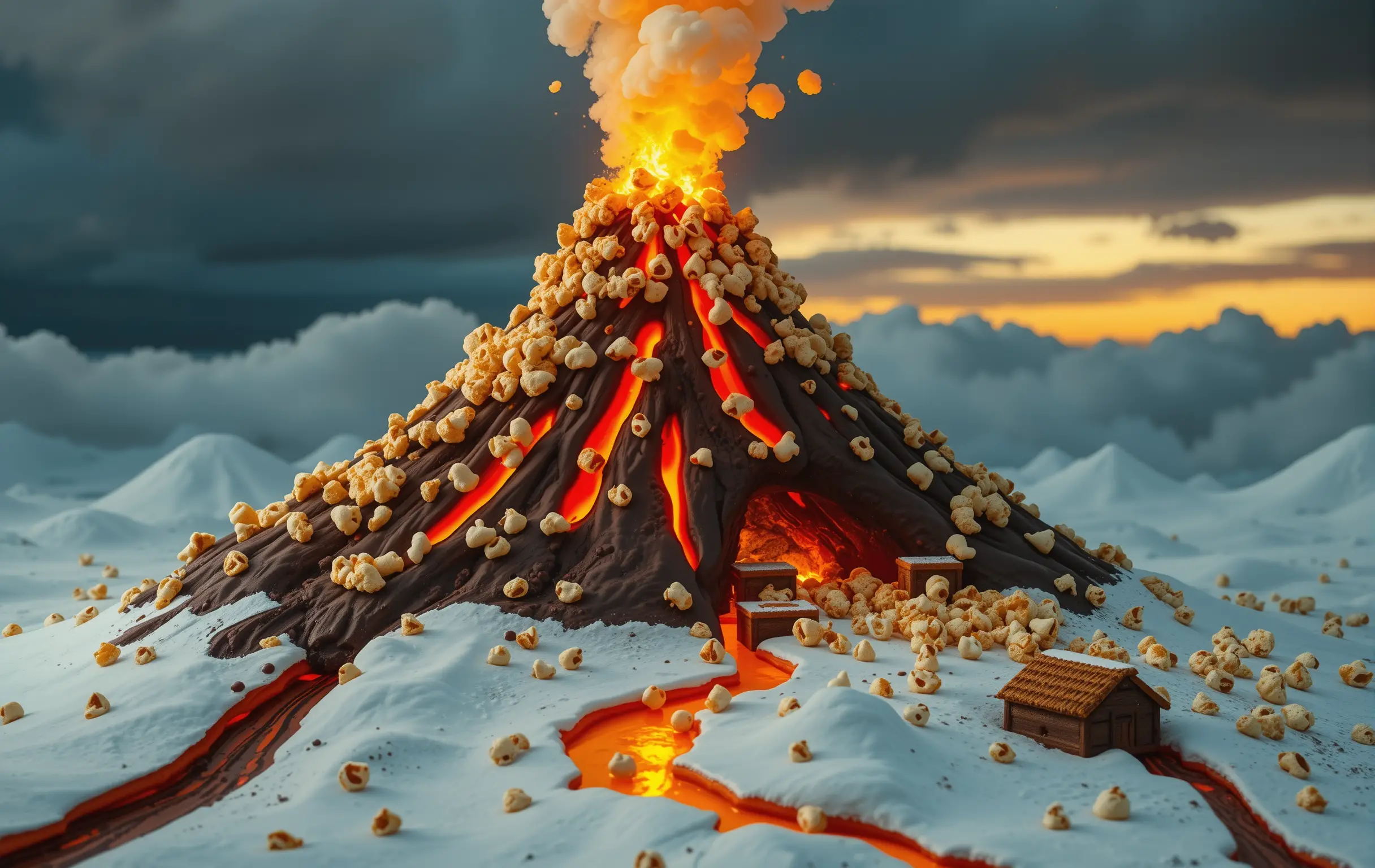 Caramel Popcorn Volcano Erupting Over A Cookie Town