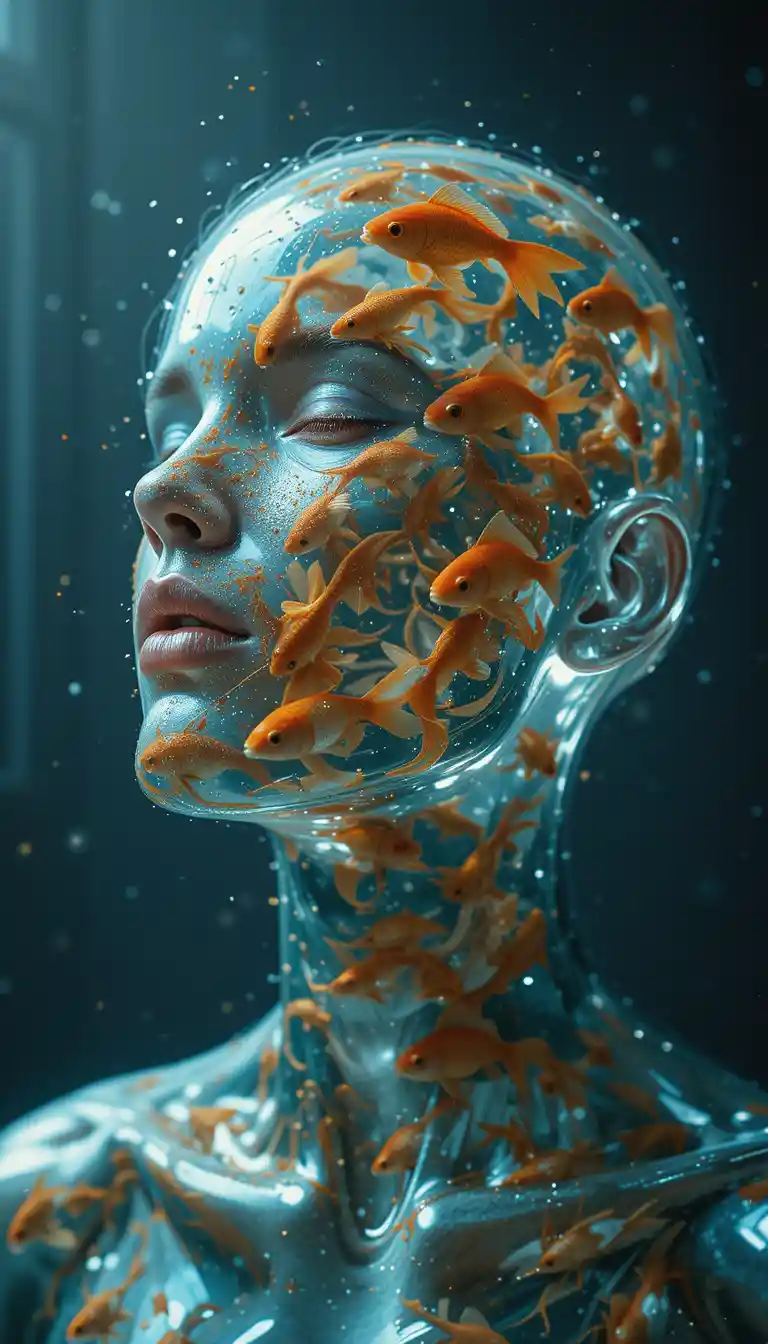 Femme en verre surréaliste remplie de poissons rouges flottants