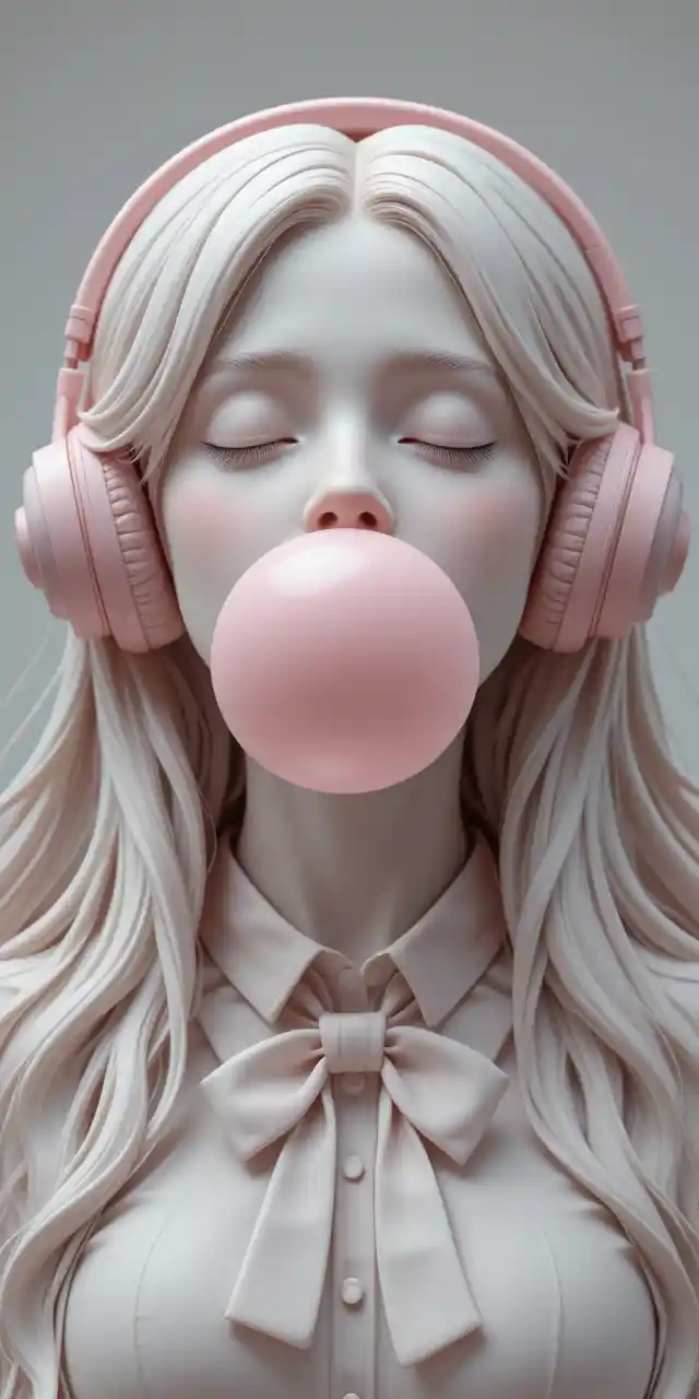 Serene girl sculpture with headphones and bubblegum bubble