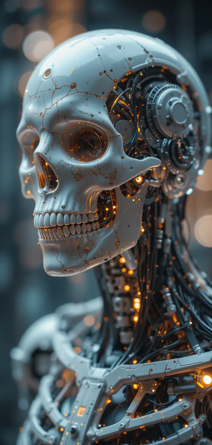 Futuristic cyborg skull head connected with holographic wires