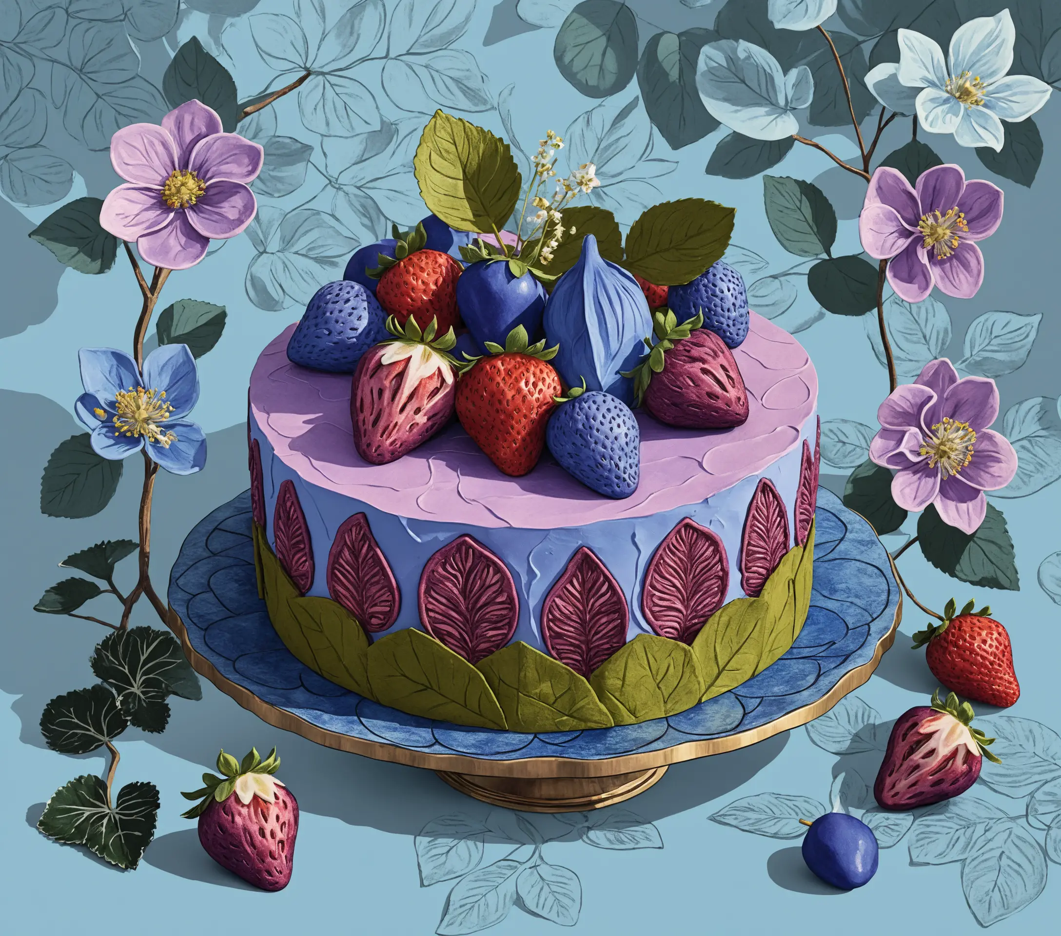Surreal strawberry cake in soft blue and purple tones