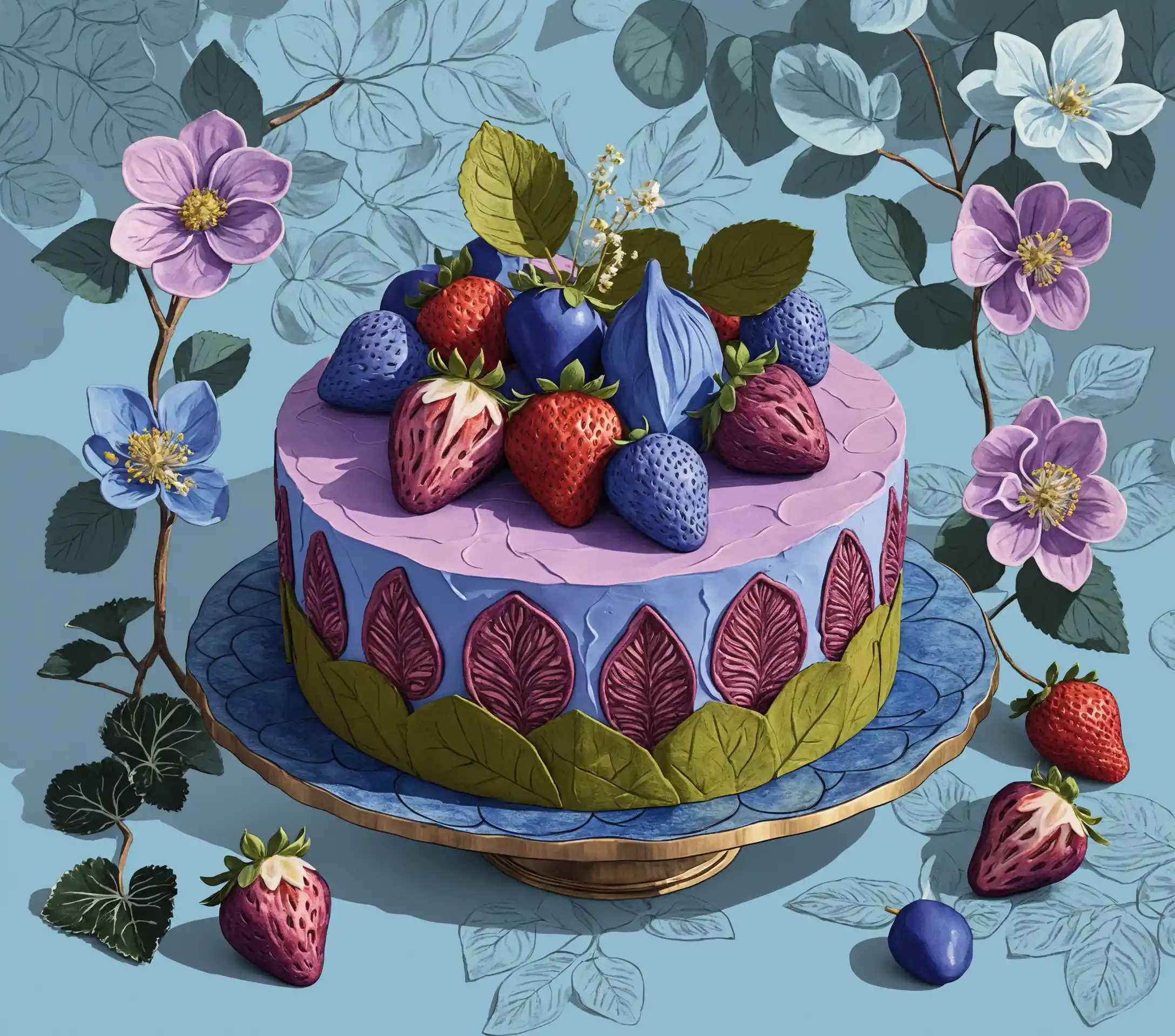 Surreal strawberry cake in soft blue and purple tones