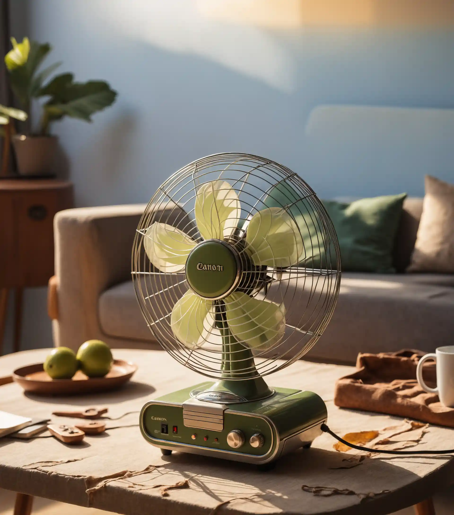 Retro desktop fan on table in bright living room