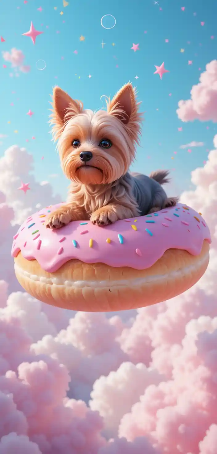 Yorkshire terrier on floating pink donut among clouds