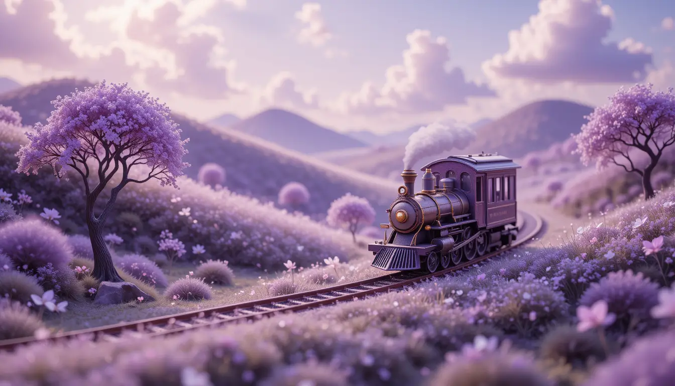 Tiny ornate train in a dreamy violet miniature world