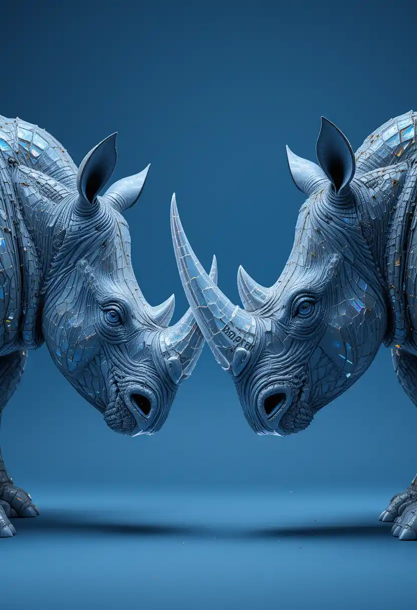 Crystal armored rhinoceros facing a natural rhino in blue