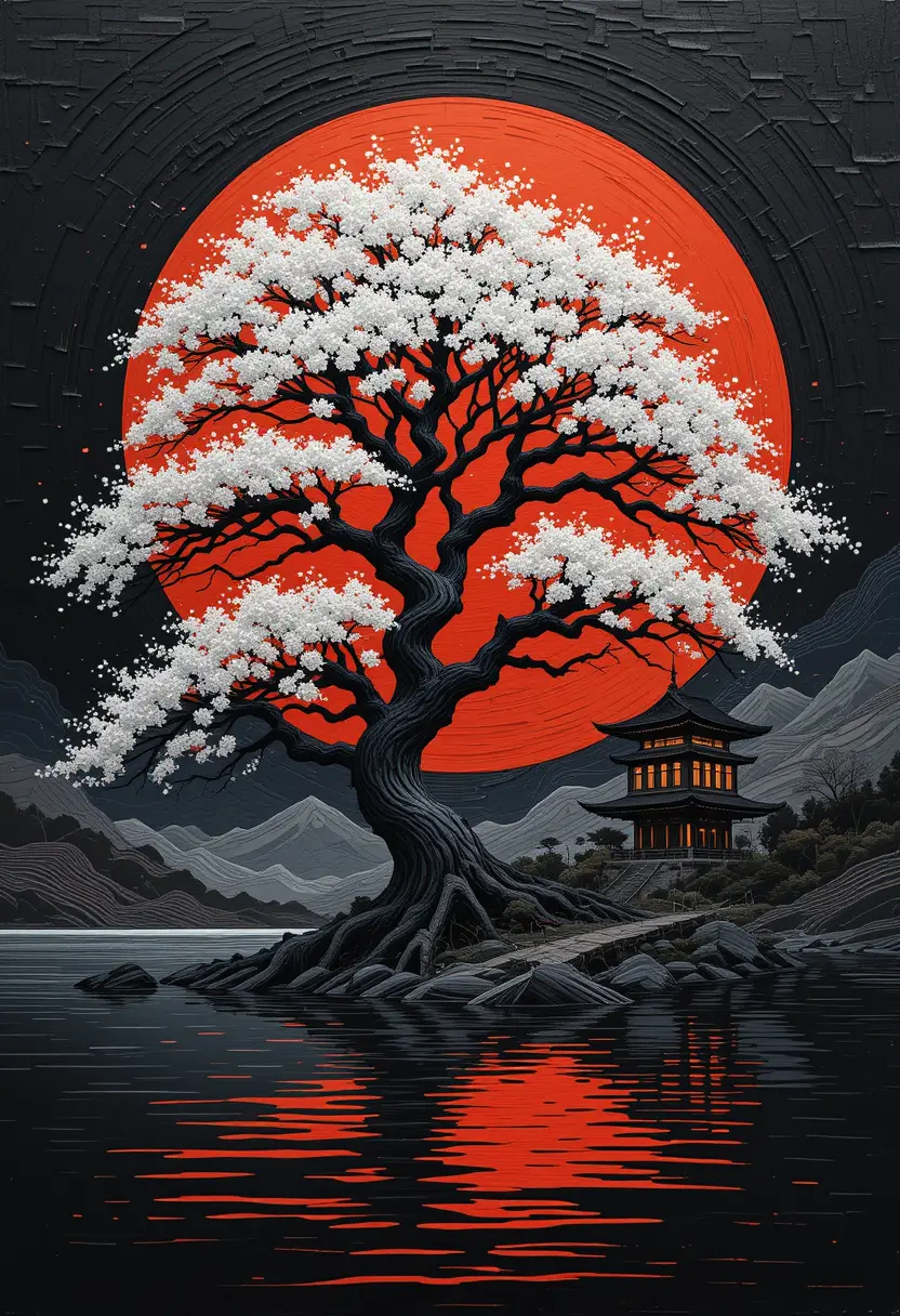 Japanese style digital painting of tree and red sun