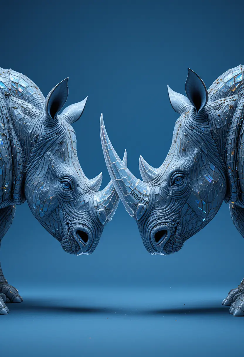 Crystal armored rhinoceros facing a natural rhino in blue