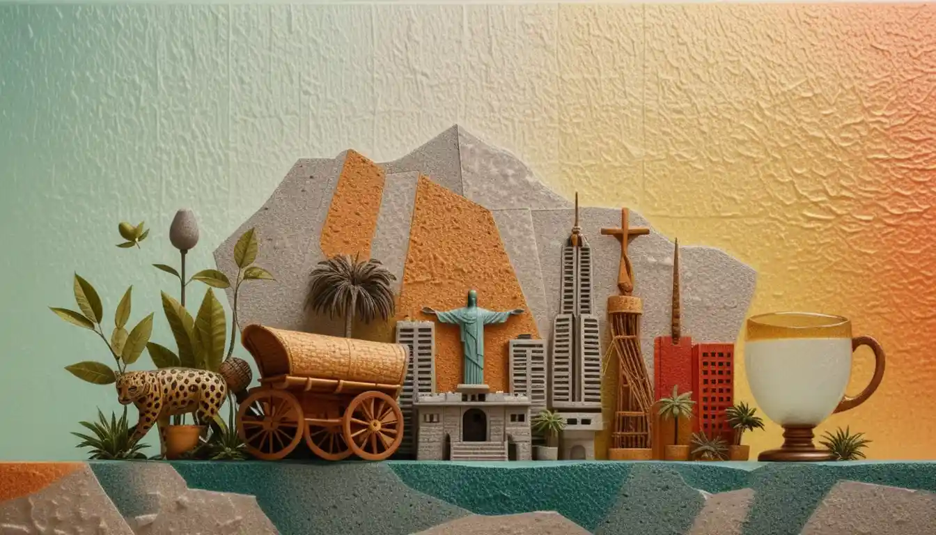 Minimalist regional diorama with symbolic Brazilian climate zones
