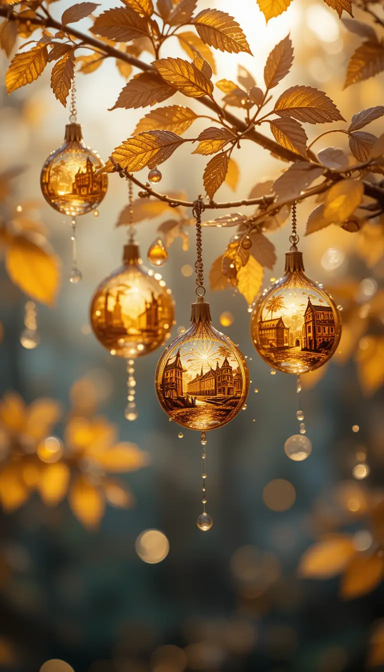 Golden branches with amber glass drops in soft sunlight