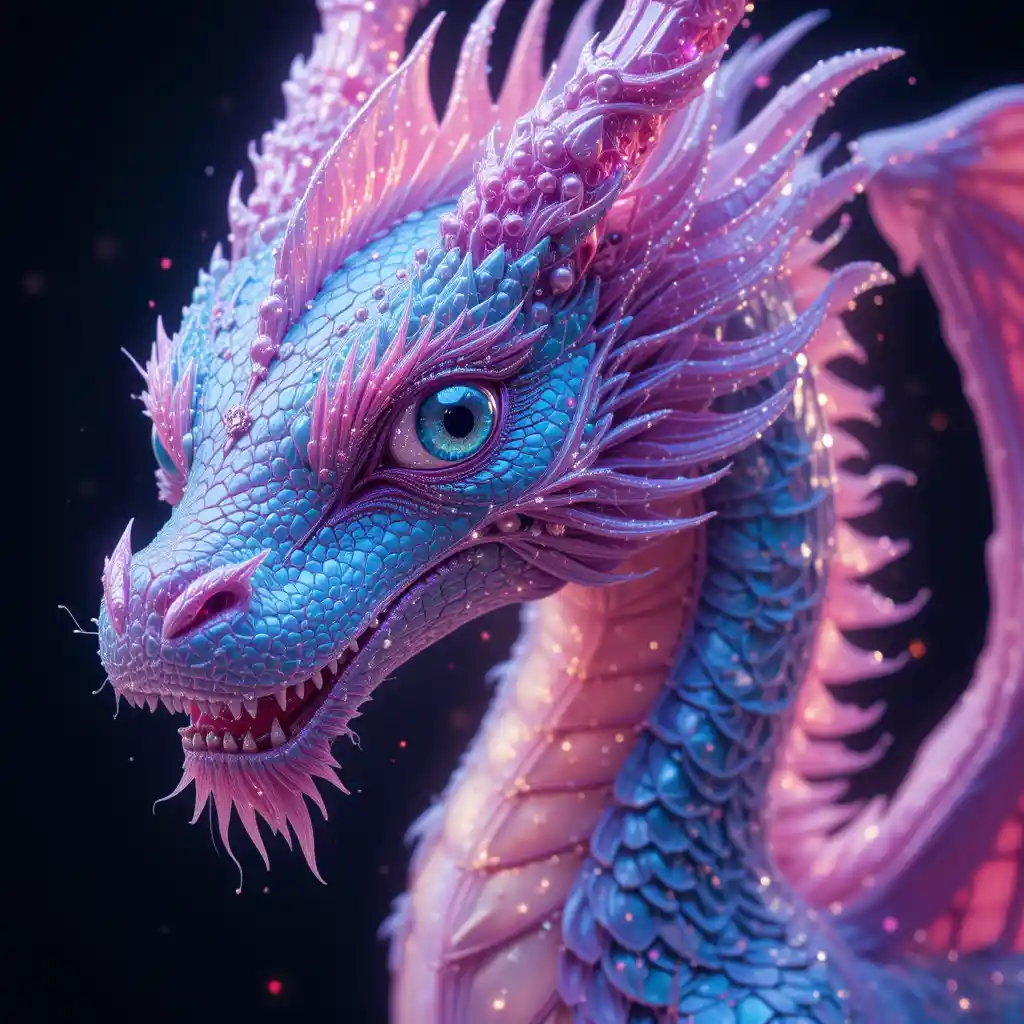 Pink and blue dragon with shining wings and beautiful face