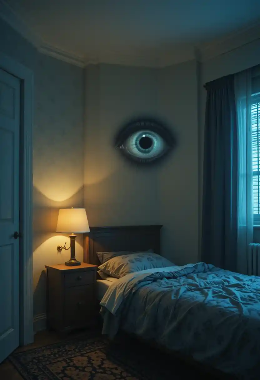 Olho que não pisca em uma parede do quarto observando em silêncio