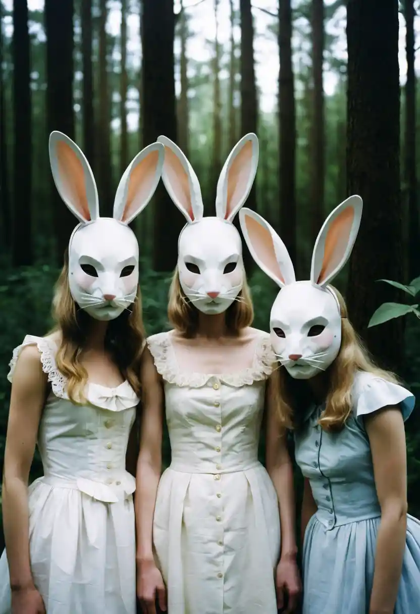 Three women in white rabbit masks in a forest
