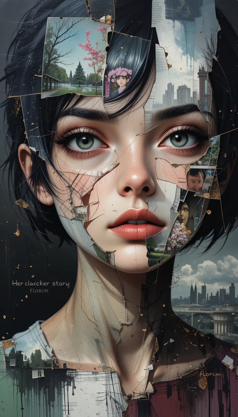 Collage portrait of a fractured woman made of memories