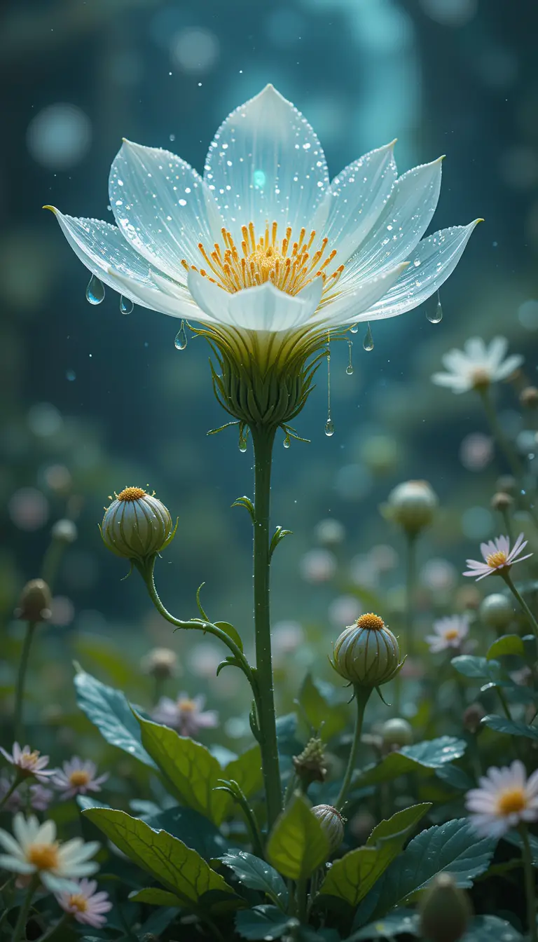 Mystical dew flower blooming in a mermaid meadow