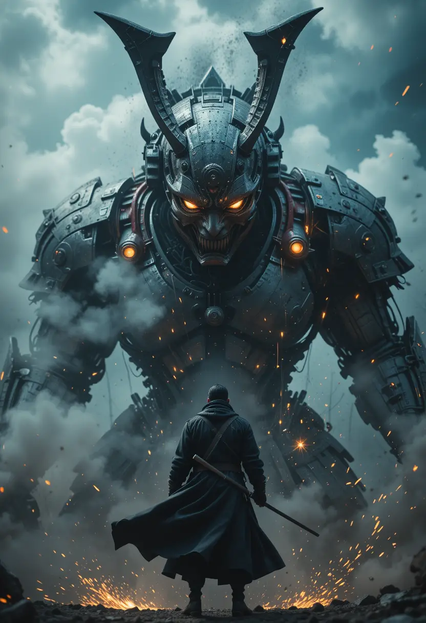 Samurai Surrounded By Smoke As Mechanical Giant Looms Above