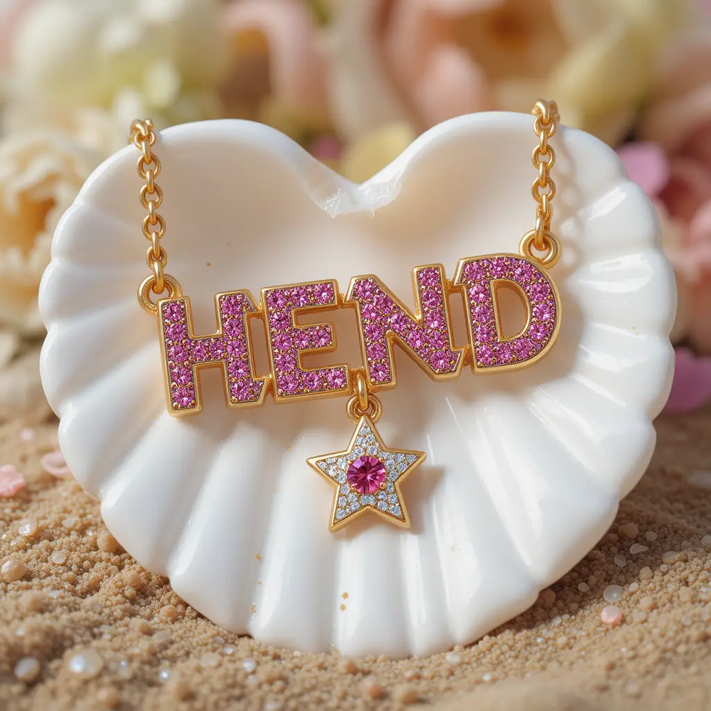 Gold name necklace with gemstone star pendant on beach shell