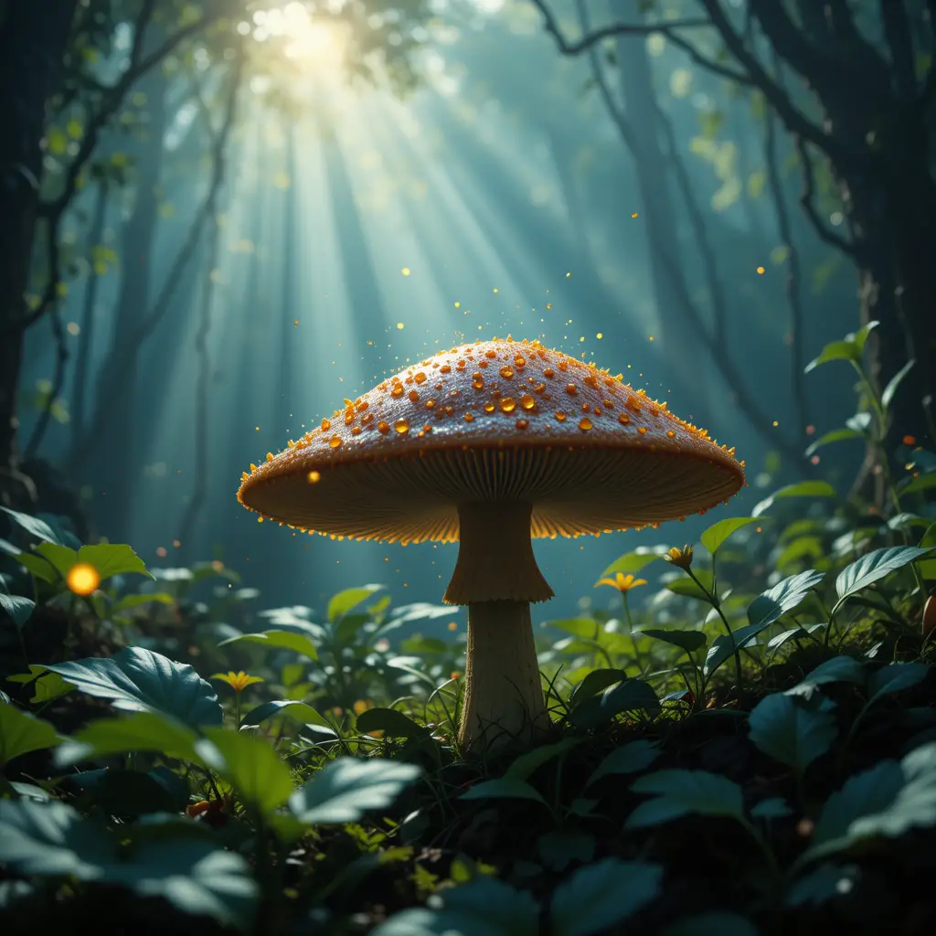 Sunlit jungle with misty air and glowing fireflies