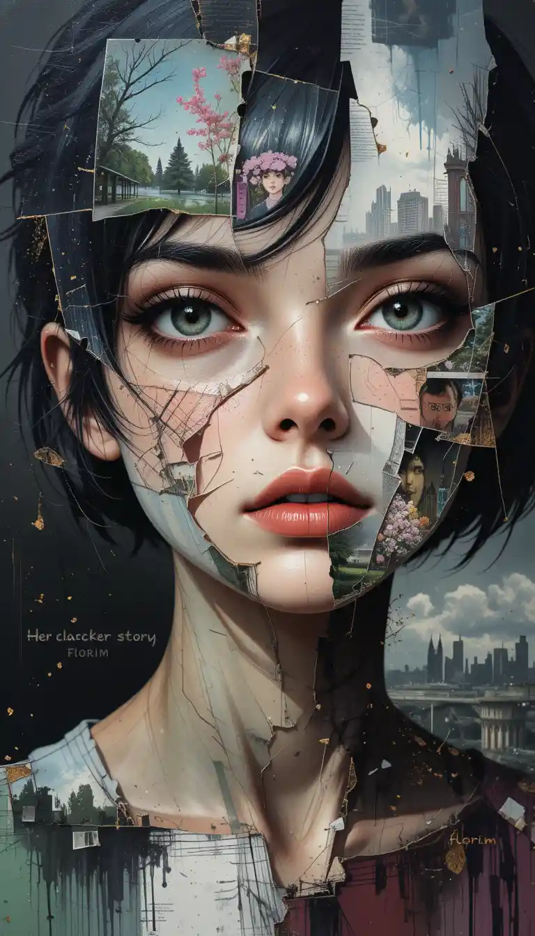 Collage portrait of a fractured woman made of memories