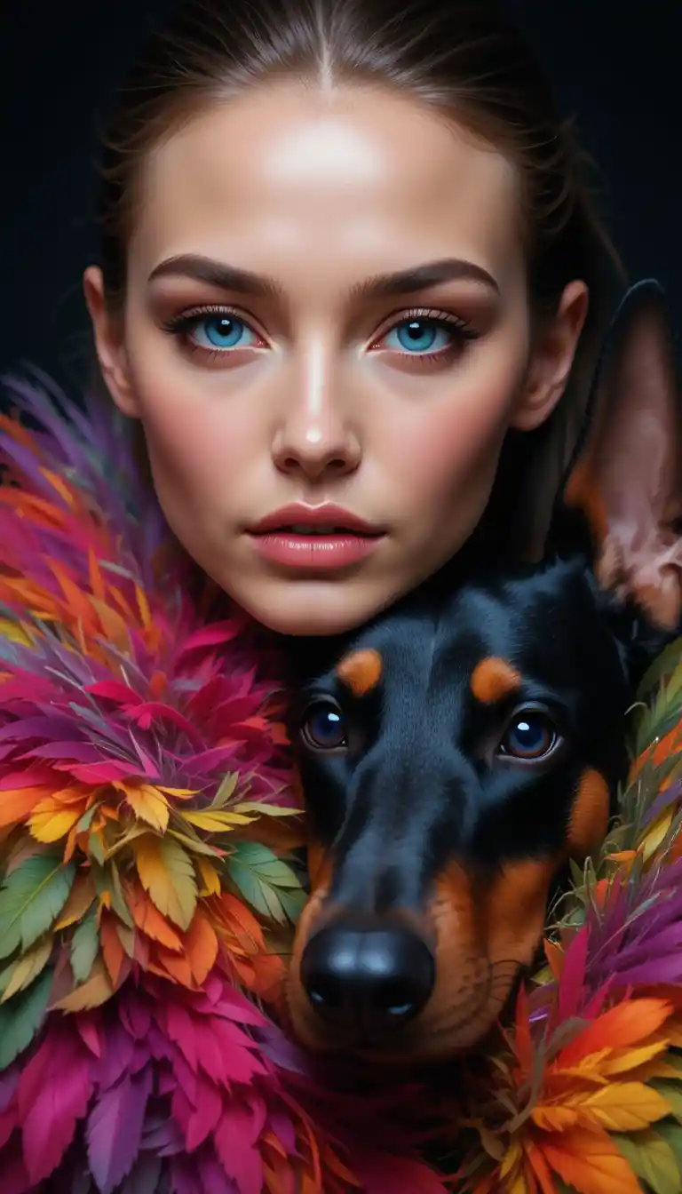 Woman with bold makeup and doberman in close up portrait