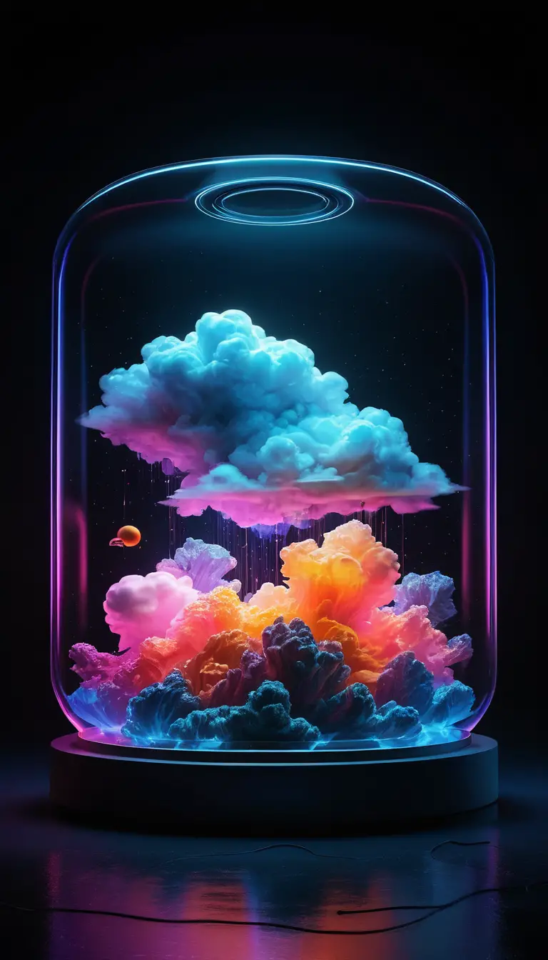 Neon cloud form rising from glowing vessel at night