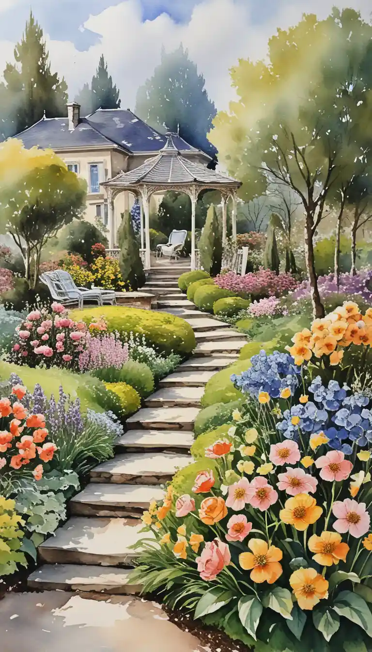 Romantic flower garden in soft watercolor light