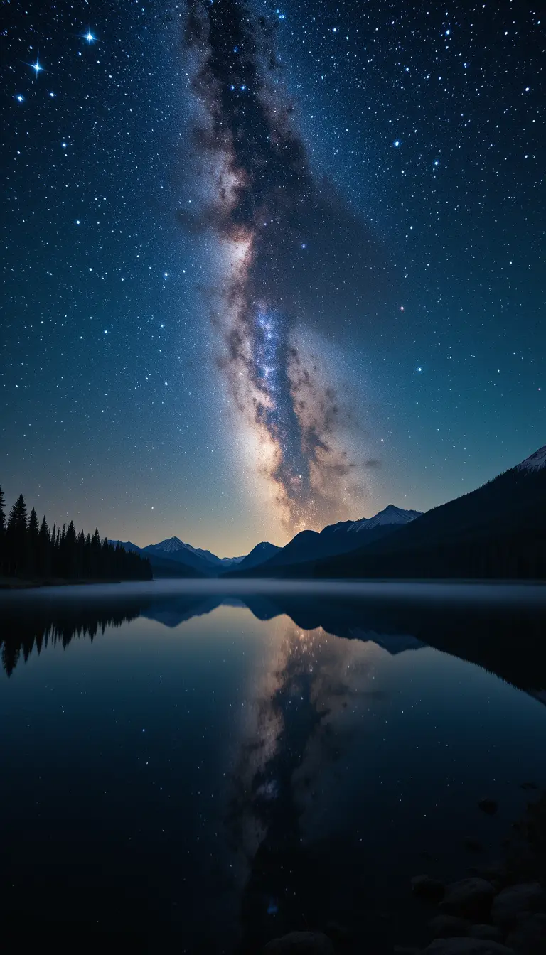 Starry Night Sky Reflected On A Silent Mountain Lake