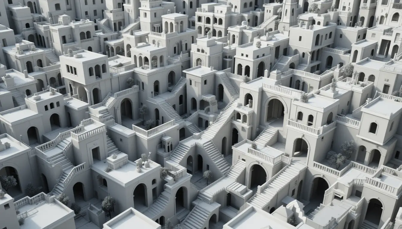 Intricate 3D City Maze Of Interconnected Buildings And Stairs
