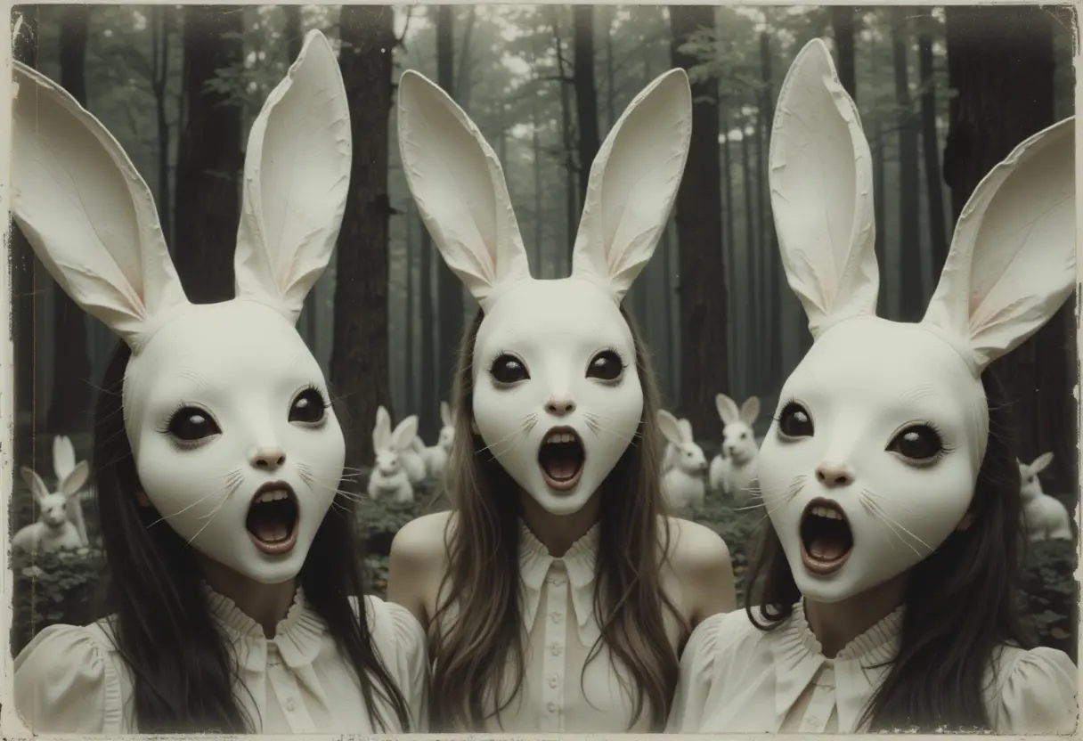 Three Women In Rabbit Masks In A Dark Forest