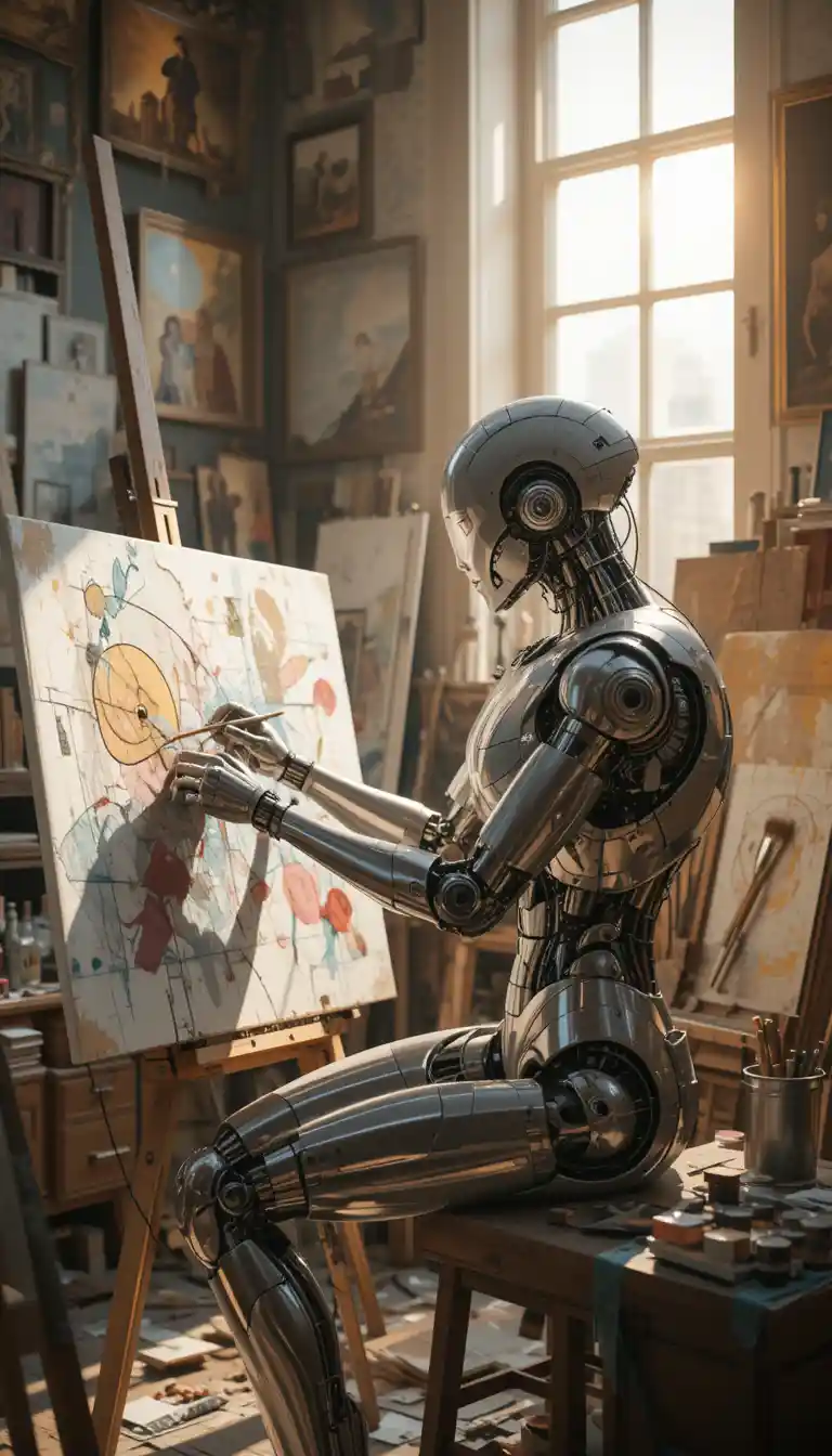 Humanoid Robot Painting In A Sunlit Art Studio