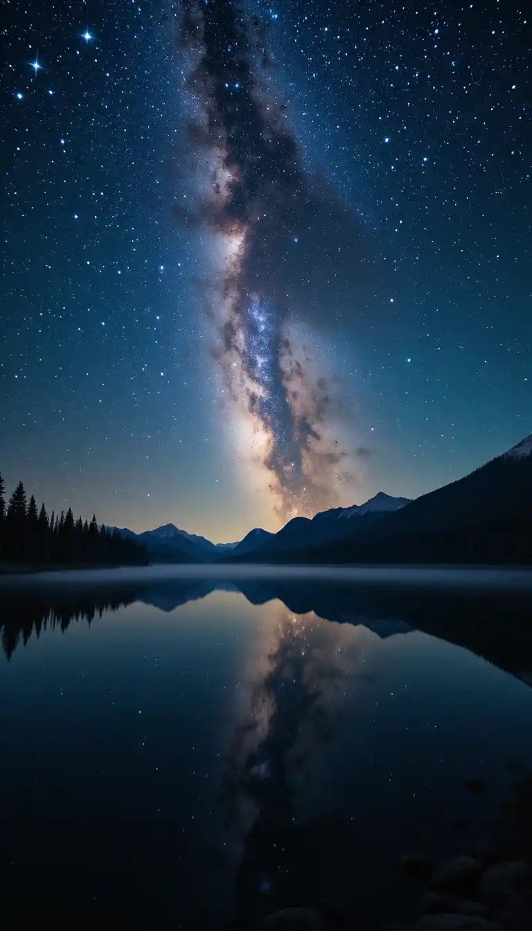 Starry Night Sky Reflected On A Silent Mountain Lake