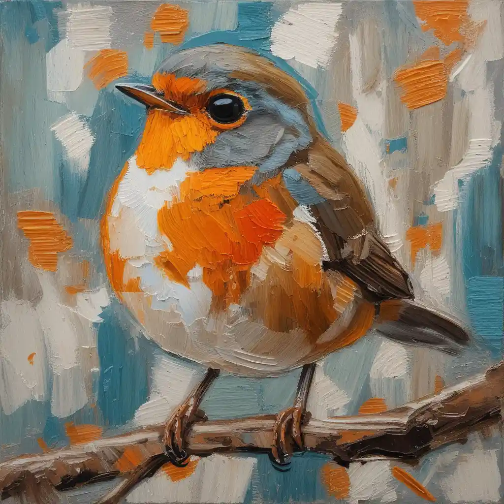 Oil painting of a colorful robin on a branch