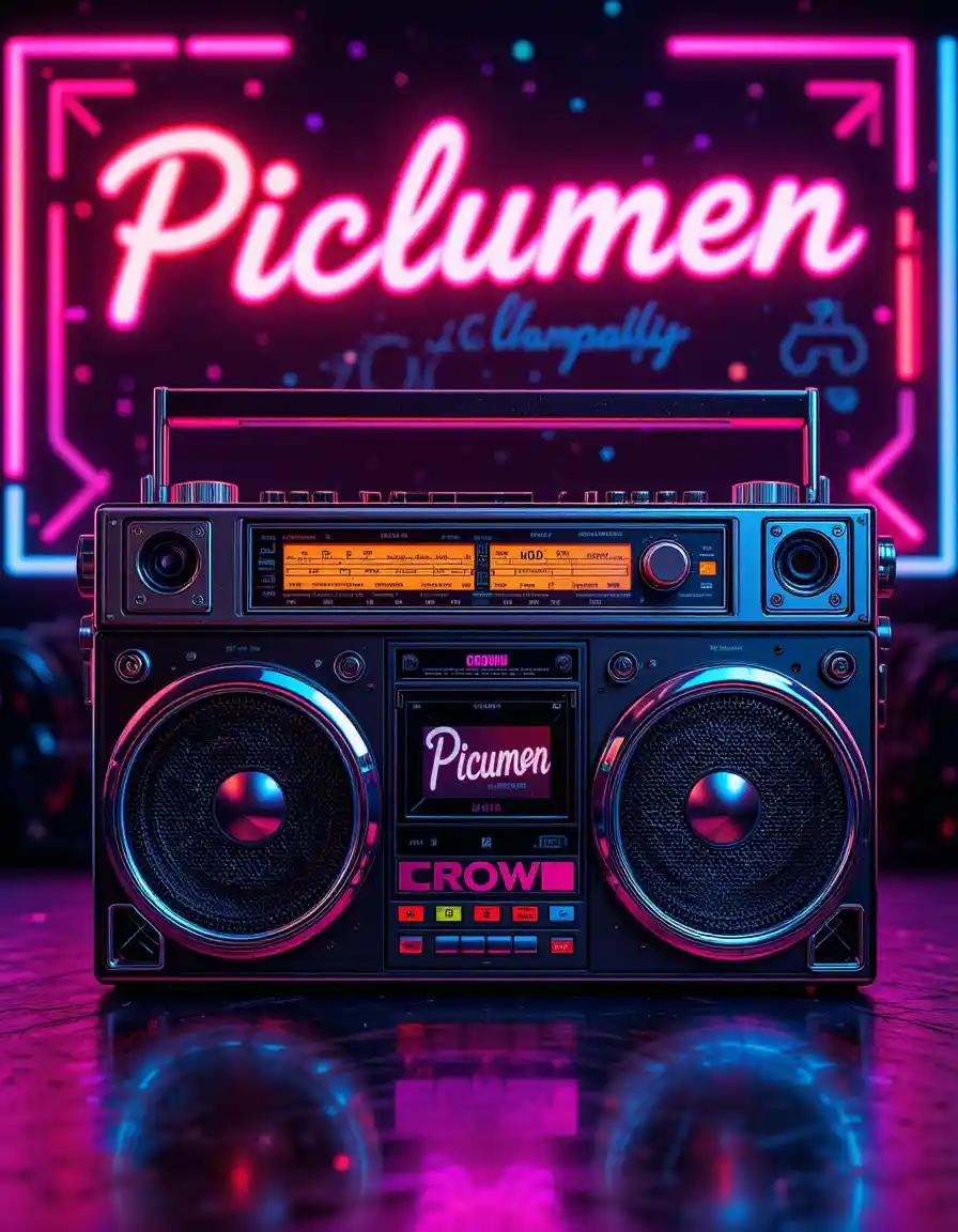 Colorful studio boombox with neon 80s synthwave background