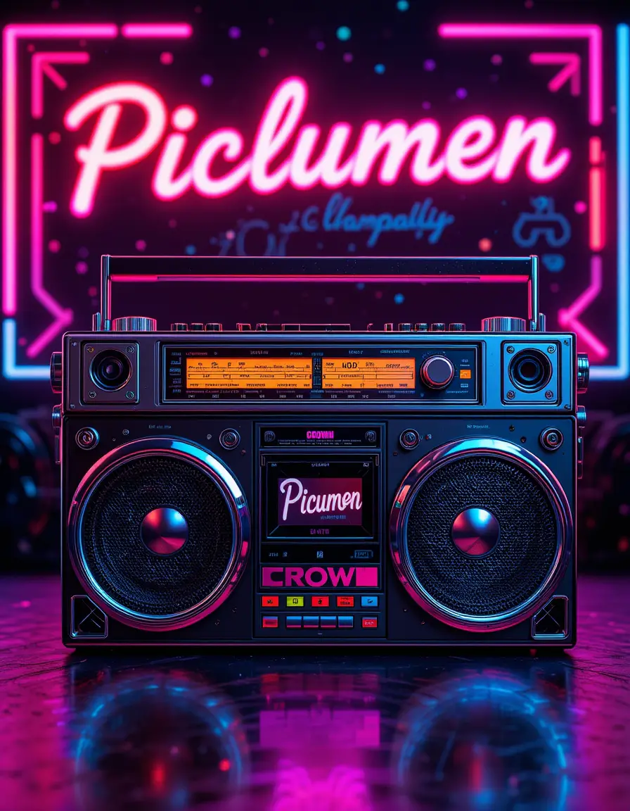 Colorful studio boombox with neon 80s synthwave background
