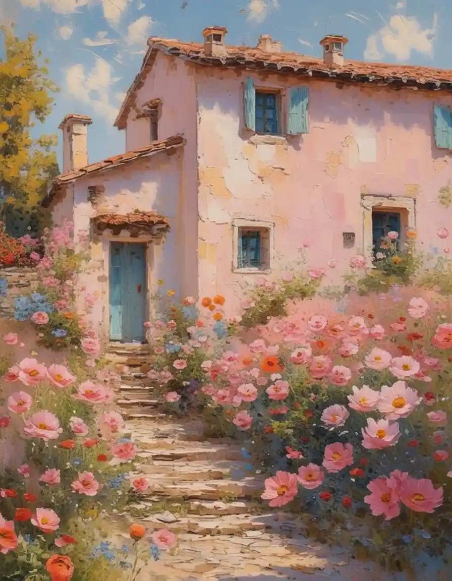 Pastel Italian villa surrounded by colorful flower garden