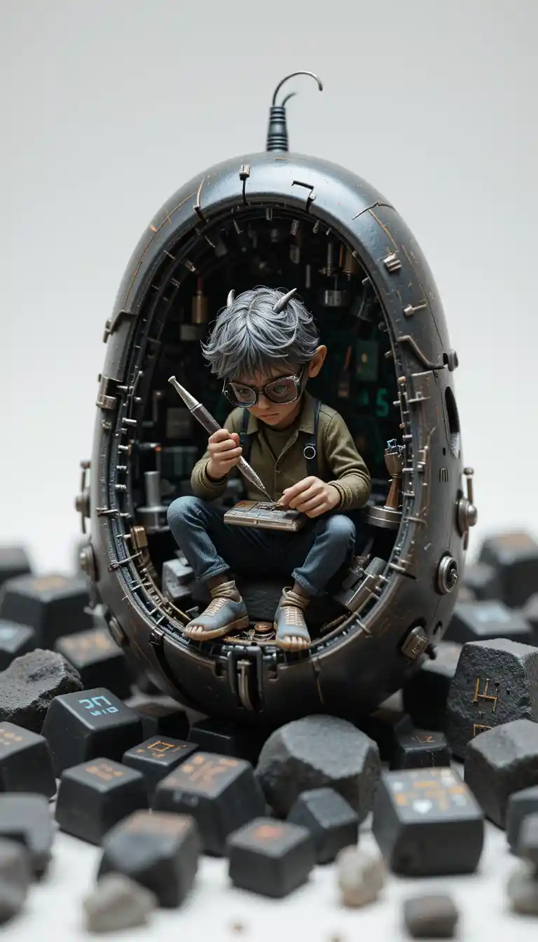 Tiny artist reprogramming buttons inside an open mouse