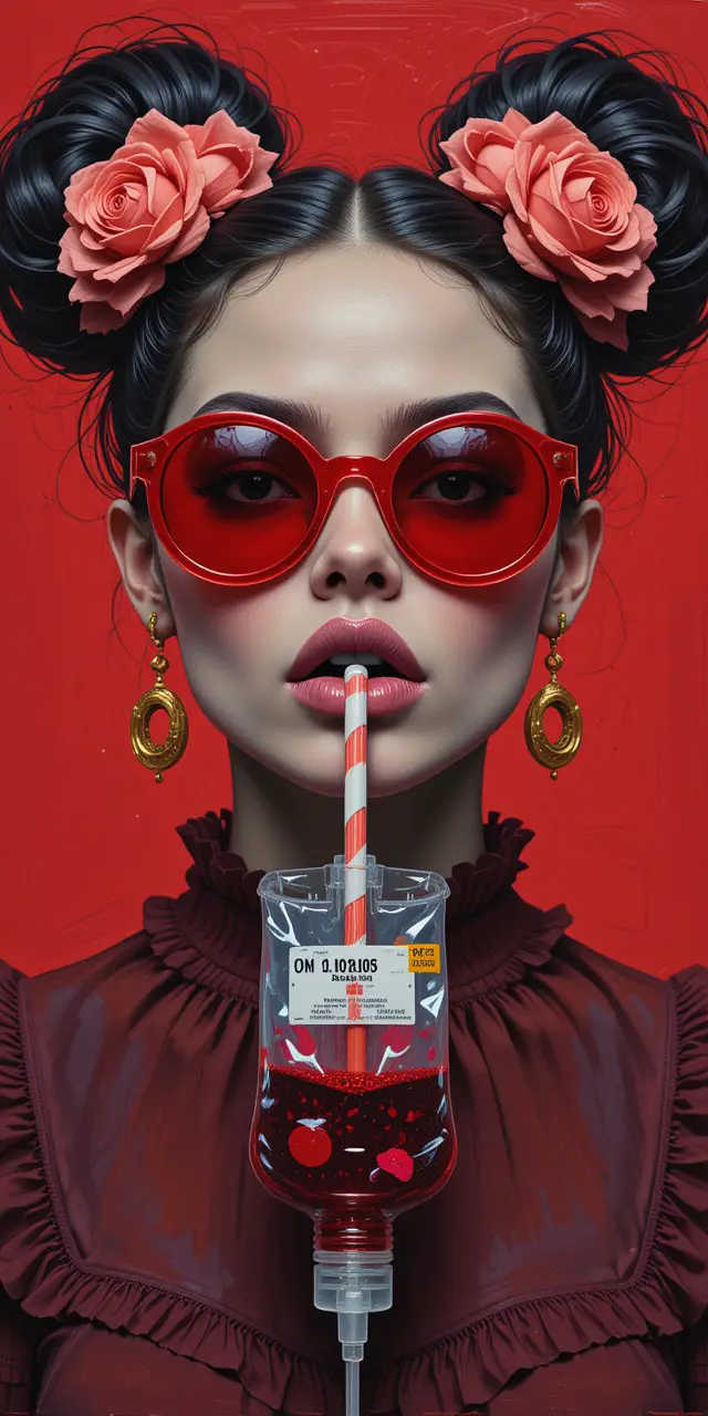Fierce girl drinking from a hospital blood bag