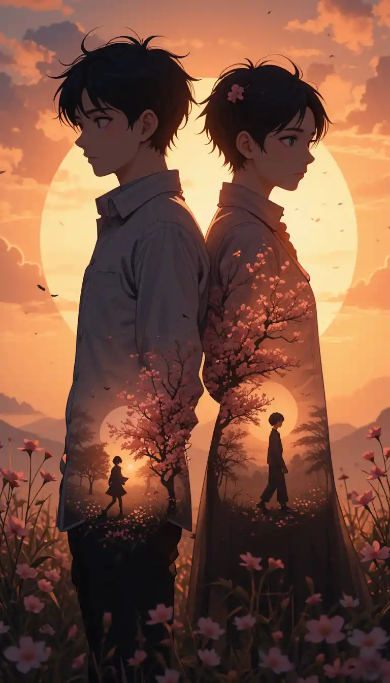 Ragazzo e ragazza schiena contro schiena al tramonto luminoso