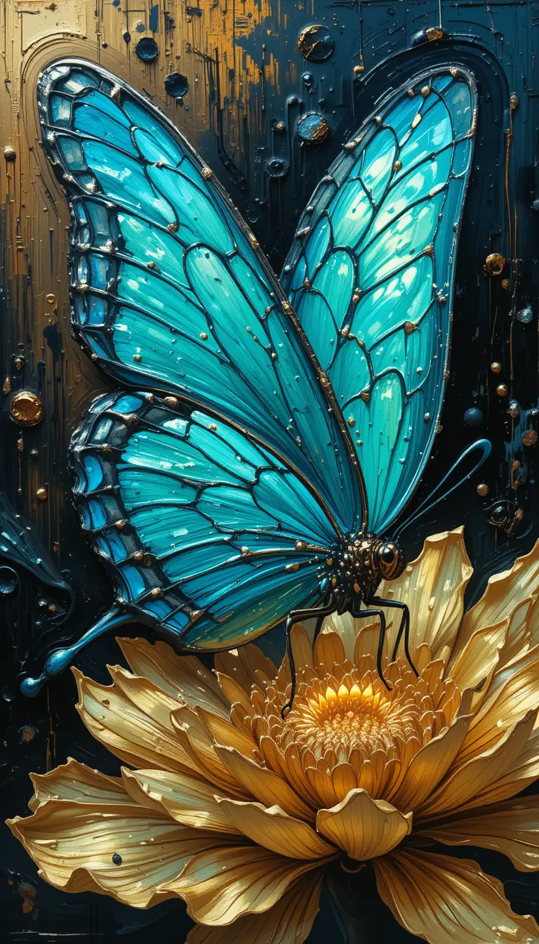 Glowing Turquoise Butterfly On Textured Golden Flower Painting