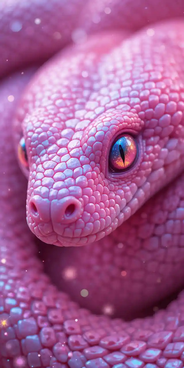 Gros plan d’un serpent rose stylisé avec des détails scintillants